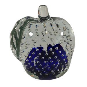 Joe Hamon Hand Blown Glass Sommerso Bullicante Paperweight Apple Blue Signed